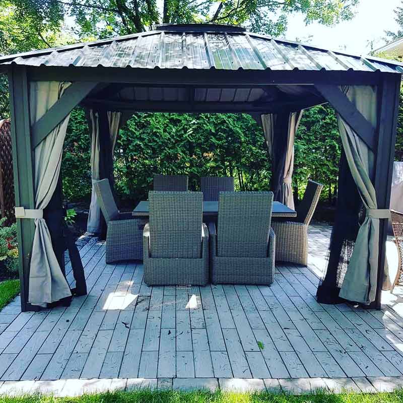 shaded backyard seating area